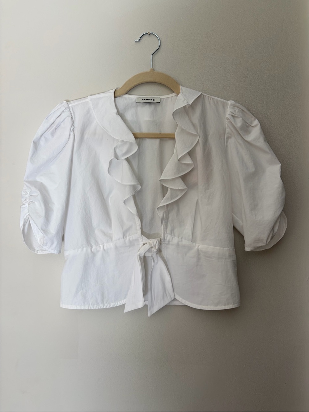 Sandro White Ruffle Puff Sleeve Tie Front Cotton Blouse Size 0 NWT